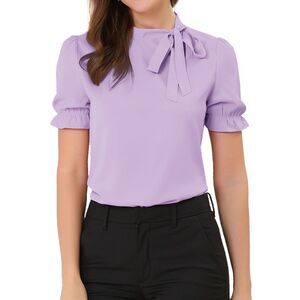 Bow Tie Neck Tops Workwear Short Sleeve Blouse Purple